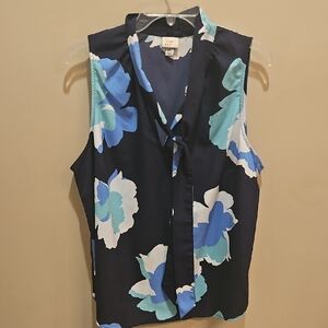 A New Day Black and Blue Tie Front Sleeveless Blouse